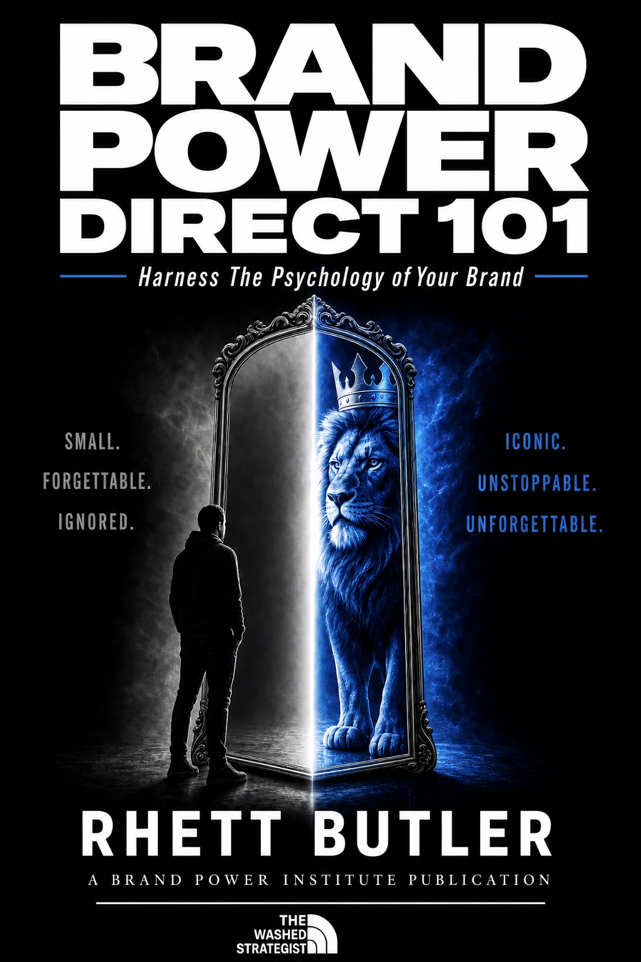 Cover of Brand Power Direct 101: Harness the Psychology of Your Brand by Rhett Butler, showing a man facing a mirror that reflects a crowned lion.